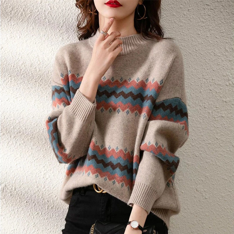 Female New Casual Loose Zigzag Sweaters Autumn Winter Patchwork Argyle ...