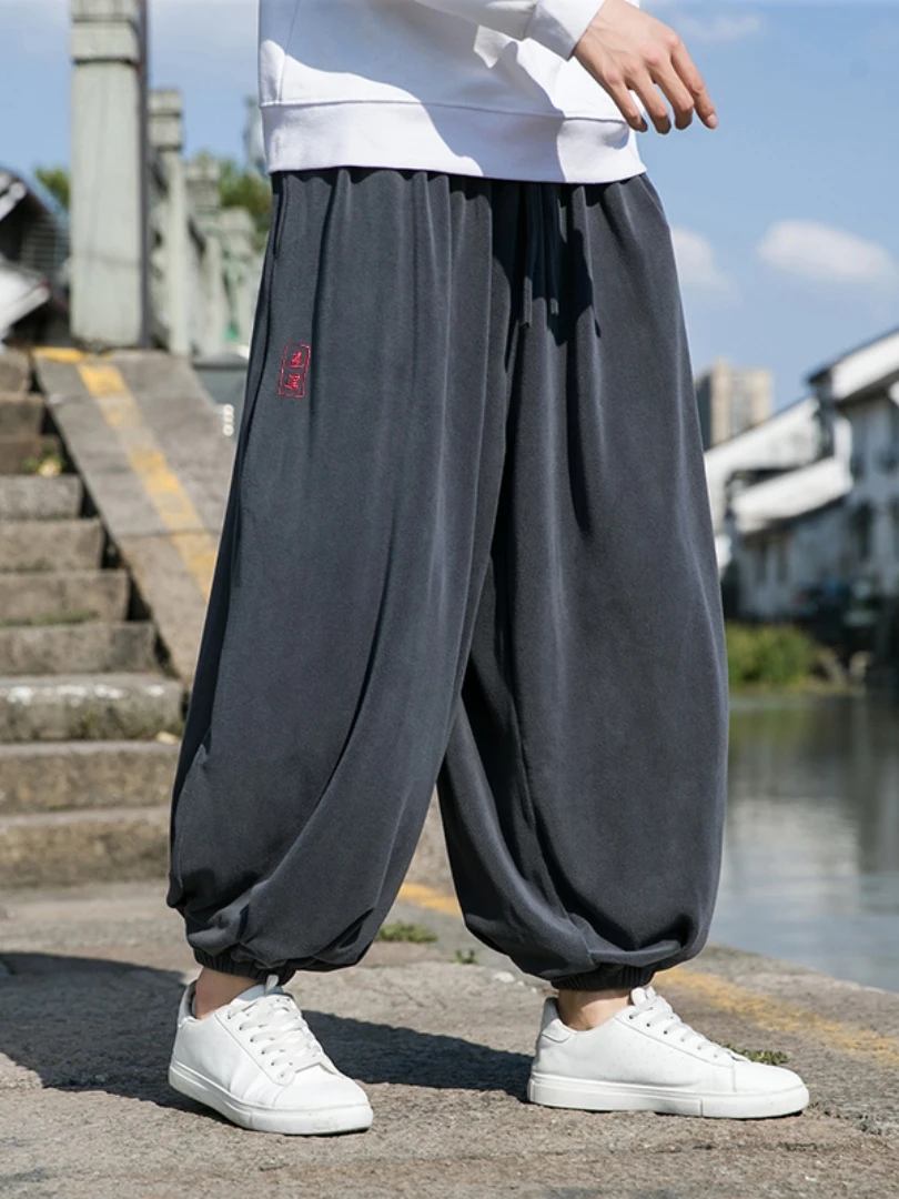 2024 Autumn Winter Men Polar Fleece Pants Men Velvet Retro Harem Pants Male Solid Color Wide Leg Pants Harajuku Jogging Trousers images - 6