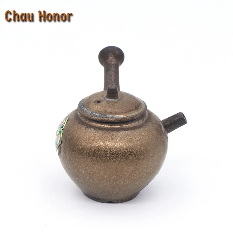 180ml Vintage Gilding Coarse Ceramic Side Handled Teapot Handmade Flower Art Pu'er Master Pots Household Teaware Gift Packaging
