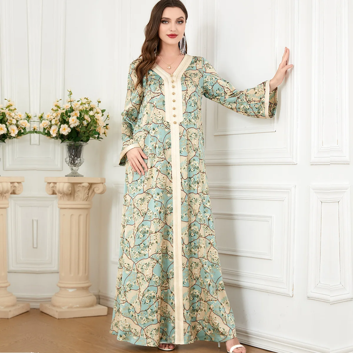Abaya Muslim Women Floral Morocco Party Dress Long Sleeve Abayas Casual Oversized Vestidos Largo Robe Moroccan Caftan Ramadan