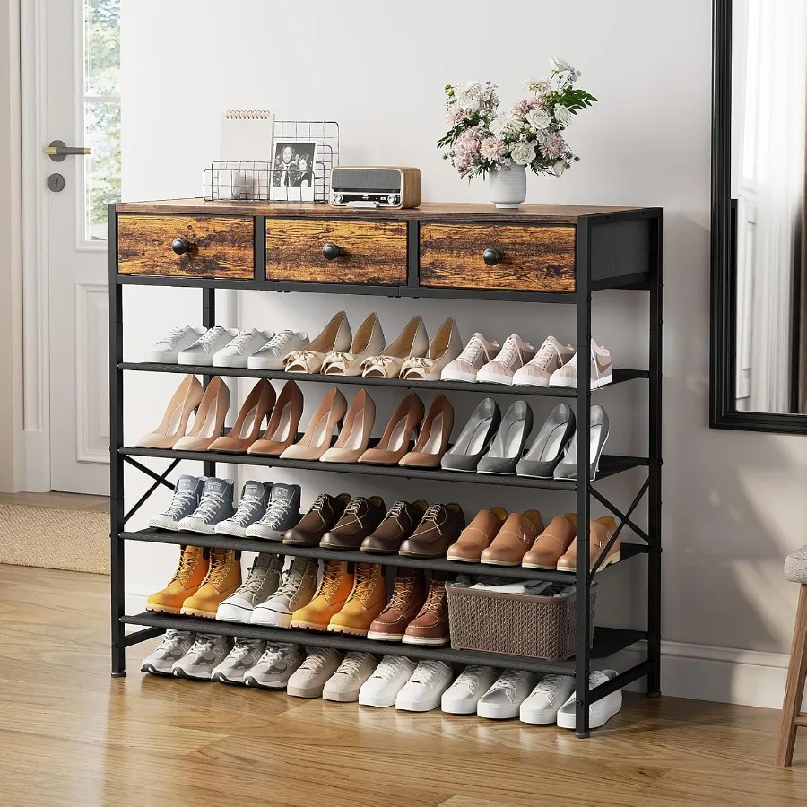 Shoe Rack 5 Tier Shoe Organizer with 3 Drawers Metal Shoe Storage for 2430 Pairs of Shoes with Fabric Shelves and Wooden Top Na