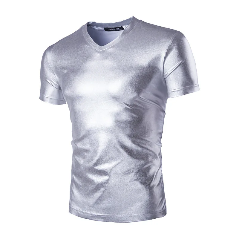 Men Short Sleeve T Shirt Slim V Neck Streetwear Club Wear Shinny