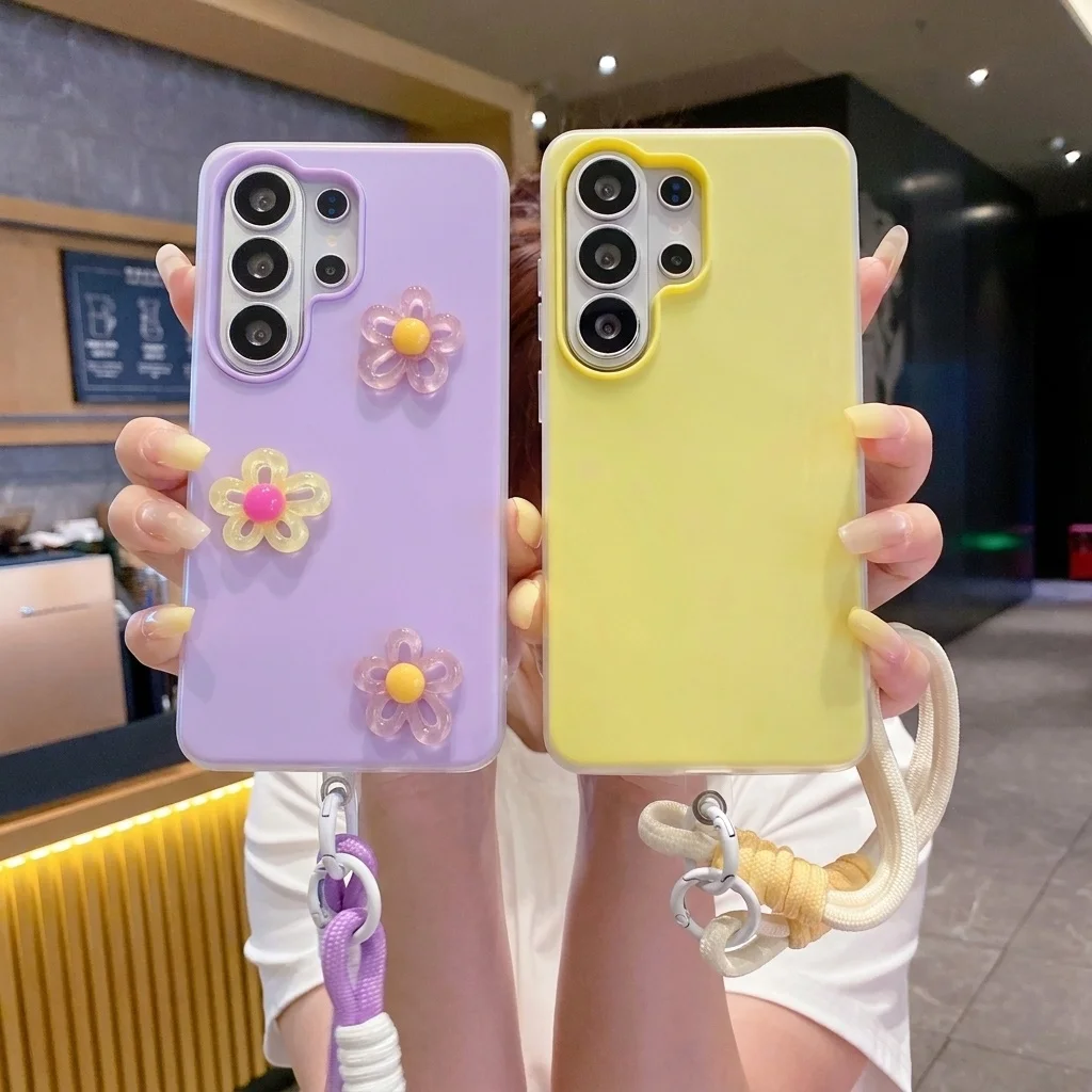 Korean Style 3D Colorful Flower Lanyard Phone Case - Shockproof TPU Soft Cover