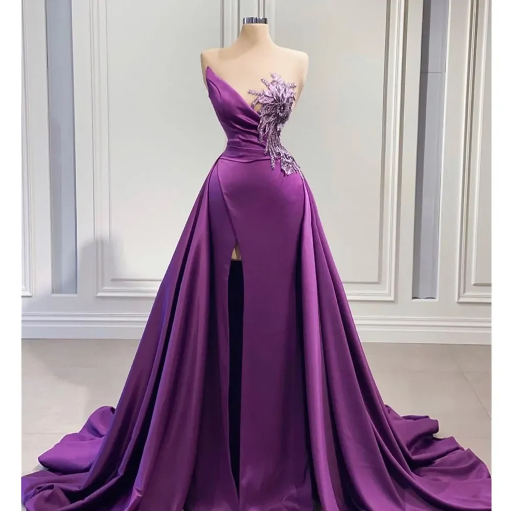 

Arabic Purple Mermaid Prom Dresses For Women Sleeveless Lace Appliques Evening Formal Party Gowns With Split فستان حفلات الزفاف