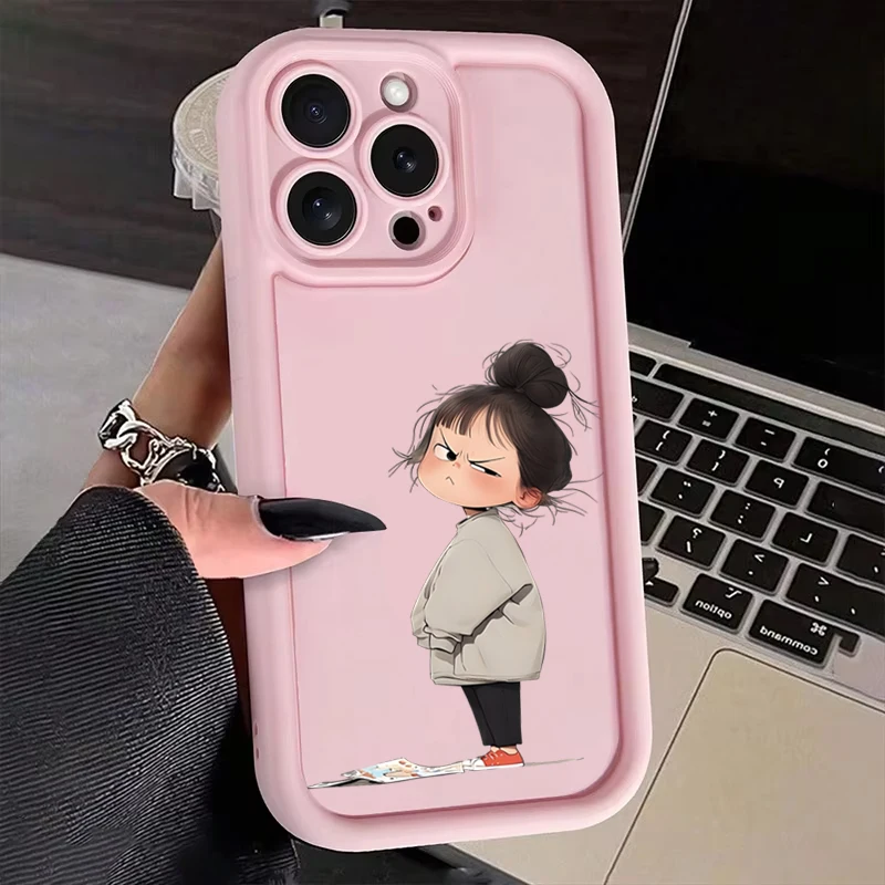 Lovely Minimum Angry Girl Print iPhone 15 16 11 12 13 14 Pro Max 16E XS X XR 7 8 Plus SE2 Soft Silicone Case