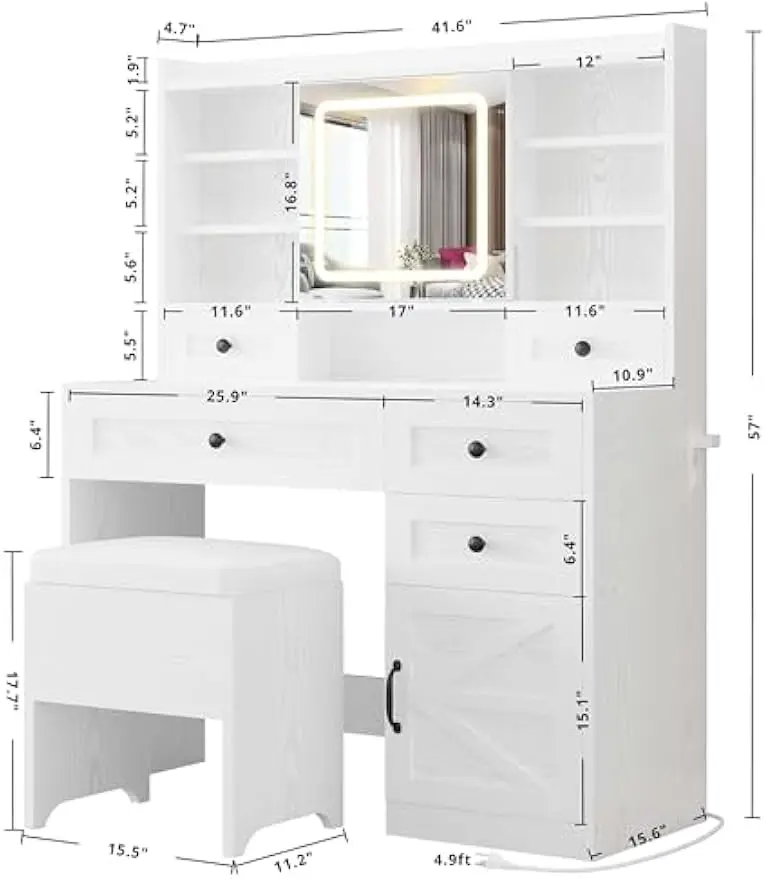 Vanity Desk with LED Lighted Mirror, Large Storage Makeup Vanity Table with 5 Drawers, Cabinet, 7 Open Shelves, Power Outlet
