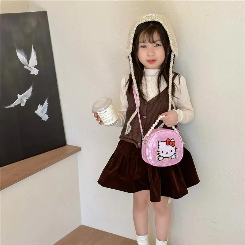 

New Kawaii Sanrio Hello Kitty Handbag Anime Cute Cartoon Children Shoulder Bag Pearl Lovely Hand Straddle Bag Coin Purse Gift