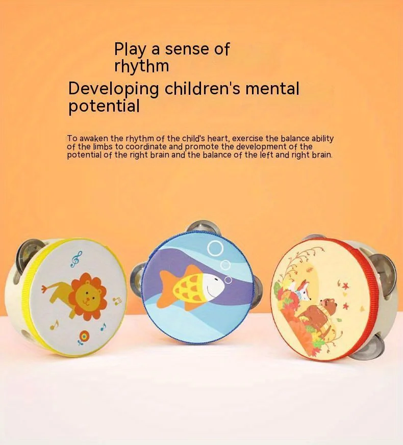 Description Picture 3 of itemWooden Bell Toys, Preschool Education Cute Cartoon Hand Clapping, Drum Shaking, Tambourine Percussion Instrument