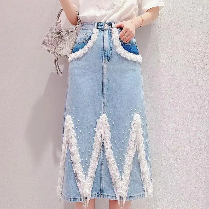 

Korean Fashion High Waist Slim Three-dimensional Flowers Skirt Sweet Sexy Y2k Heavy Beading Denim Faldas Largas