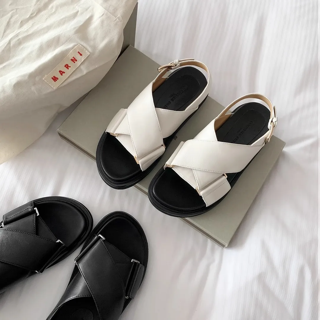 TOPHQWS Genuine Leather Luxury Brand Women' Flat Sandals Casual Slip On Platform Roman Sandals  2024 Trend Summer Shoes Slippers