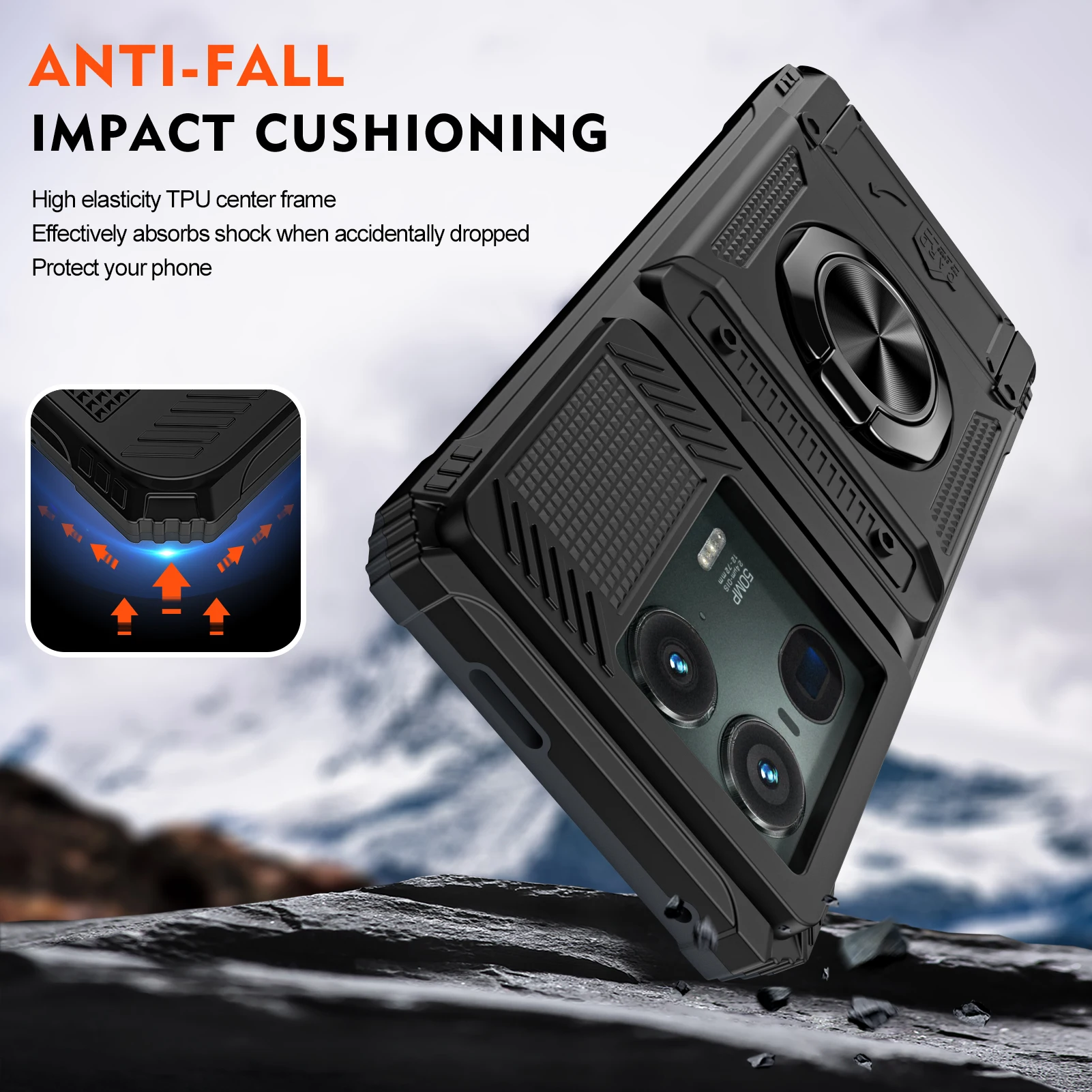 Shockproof Heavy Armor Phone Case with Metal Ring Holder and Hidden Card Slot