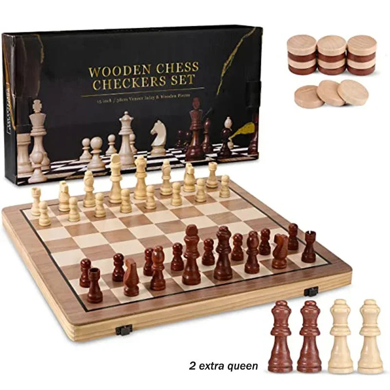 

39cm Wooden Chess Checkers Set 2 In 1 Foldable Interior Storage Space Chessboard Extra Queens Home Travel Games Perfect Gifts