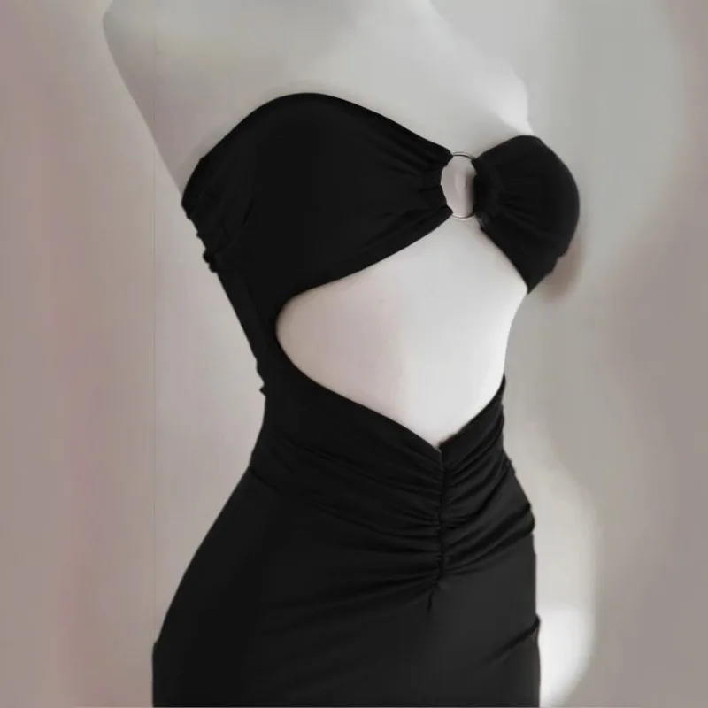 Fashion Women's Clothing New Spring and Summer Women's Tube Top Off Shoulder Dress Sexy Slim-fitting Belly Solid Beach Dress