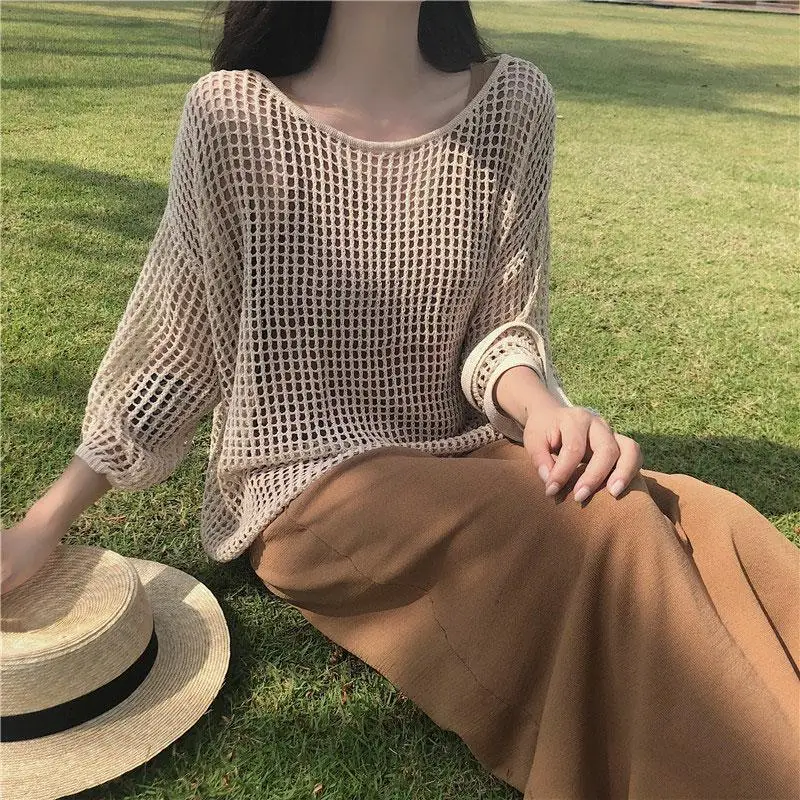 New Fashion Knitted Mesh Pullover Women Summer Autumn New Casual Ladies Elegant Hollowed Out Tops Female Cheap Wholesale