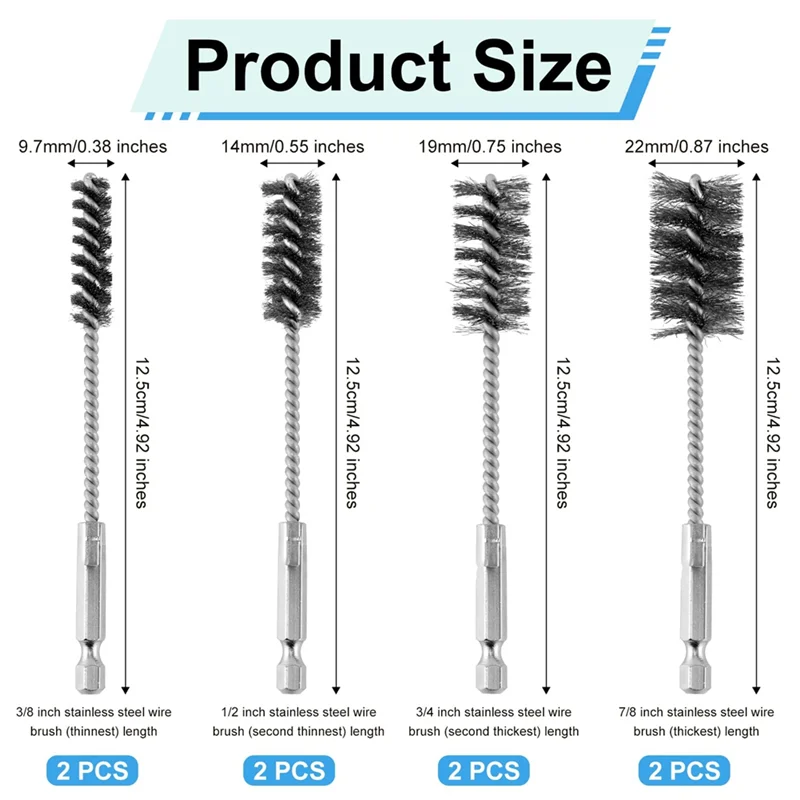 B97A-8Pcs 보어 브러시, 1/4 인치 육각 섕크 트위스트 와이어 청소 도구가있는 스테인레스 스틸 와이어 브러시 드릴 부착물