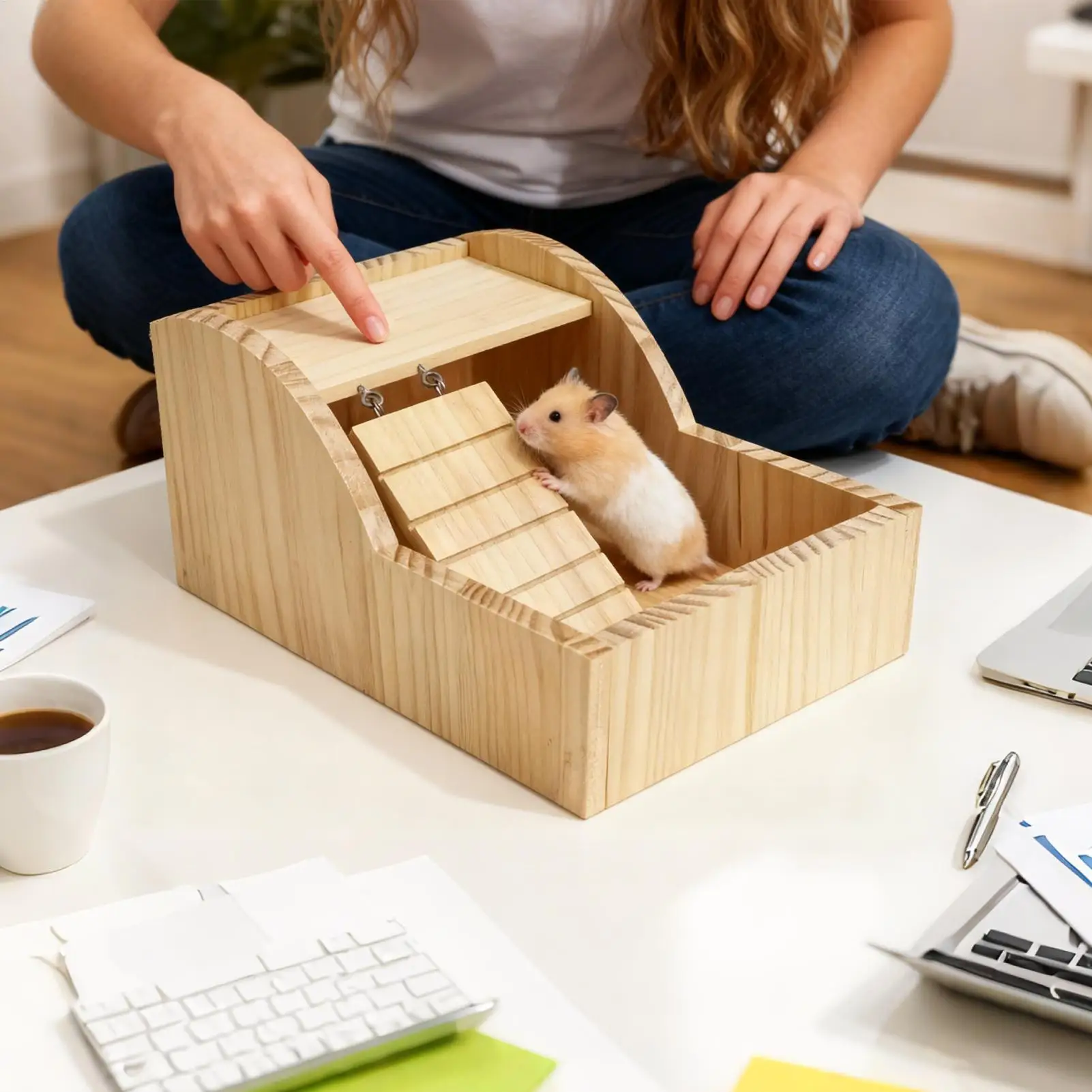 Hamster Sand Bath Container Wooden With Ladder Container Hamster Bathtub Toilet For Enrichment Pet-Care Comfort Home Cage
