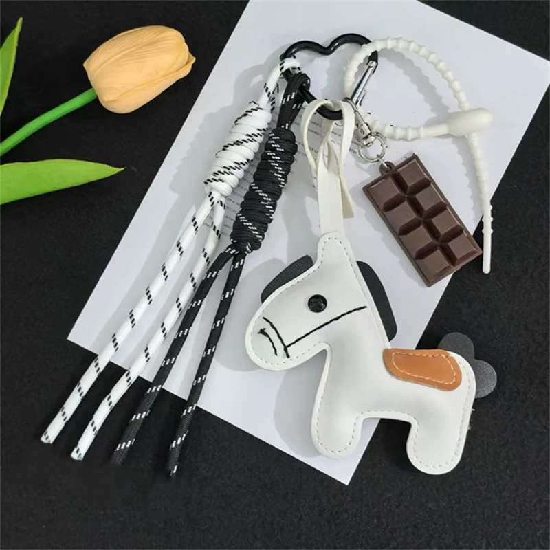 Cute Leather Pony Keychain Ornament Charm Braided Nylon Rope Backpack Pendant For Bag Keychain Accessories Decoration