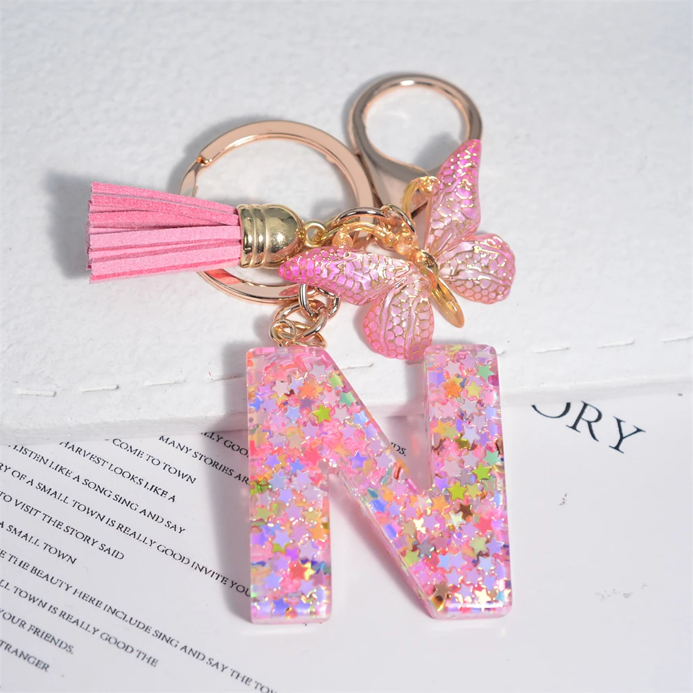 Gafario Initial Alphabet Keychain – Pink Sparkly Glitter Butterfly With Tassel, 4x4.5 Cm, Resin & Zinc Alloy