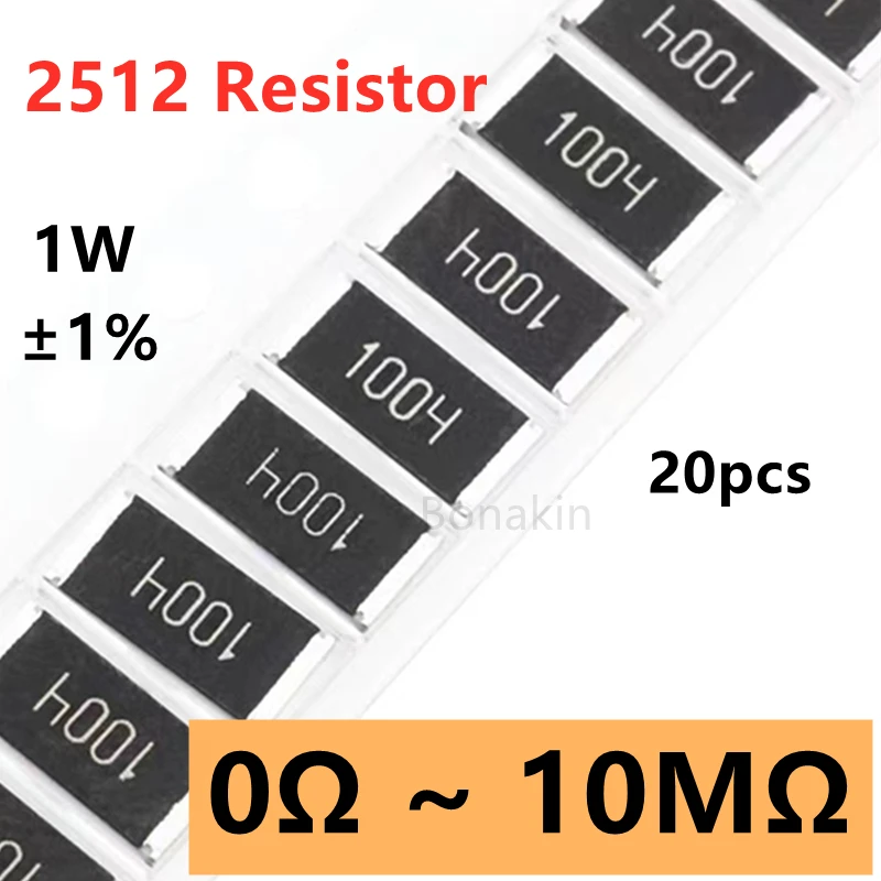 20pcs 2512 1% SMD resistor 0R10R20R22R100R120R200R330R470R510R1K1.5K2.2K3.3K4.7K5.1K10K12K15K20K22K30K47K51K100K200K510K1M&Omega; ohm