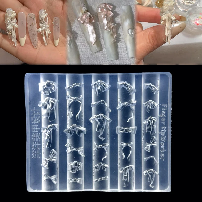 3D 리본 모양 실리콘 네일 몰드 혼합 사이즈 리본 보우 소프트 카와이 보타이 DIY 매니큐어 아트 몰드 살롱 네일 데코 도구