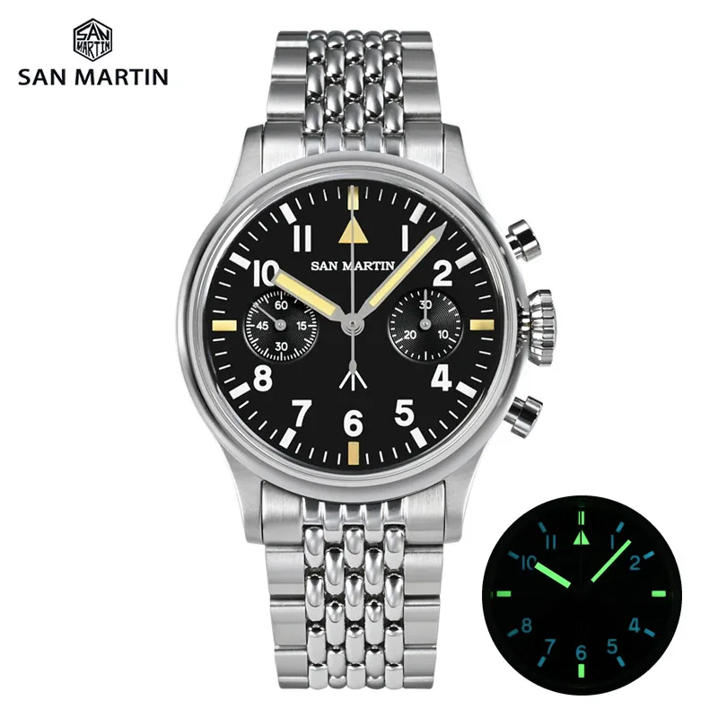 San Martin 38.5Mm Orologio Da Uomo Cronografo Pilot Luxury St1901 Manuale Meccanico Semplice Militare Flieger Zaffiro 100M Luminoso