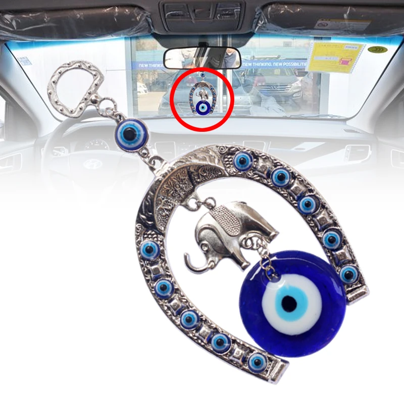 Turkish Blue Glass Eye Amulet Horseshoe With Elephant Ribbon Ethnic Wall Hanging Lucky Pendants Wind Chimes Home Car Decoration wind chimes wall art decor wall hanging pendant crystal wall hanging glass pendant ornament charm decoration