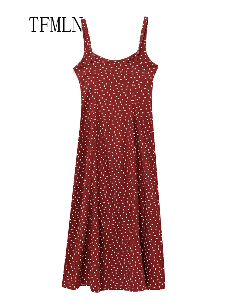 TFMLN Womens Polka Dot Midi Dresses 2025 Summer Elegant Strap Slim Dress Woman Sleeveless Red Long Dress Evening Party Dresses