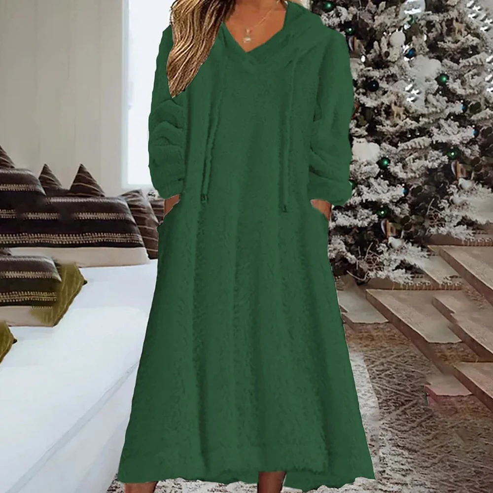 

Commuting Fashion Women Fleece Sweatshirt Cute Hood Long Sleeve Knitted Dress Solid Color Warm Clothing Winter Femme Vestidos