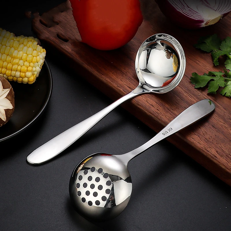 304 Stainless Steel Soup Ladle Long Handle Hot Pot Spoon Colander Large Ramen Tablespoons Skimmer Kitchen Porridge Scoop Stainless Steel Spoon