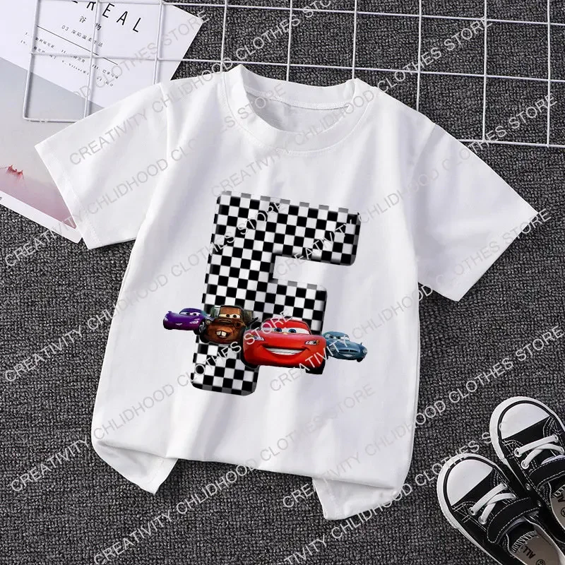 Disney Cars Children T-Shirts Letter ABCD Name Combination Kawaii Cartoons Clothes Kids Little Boy Girl Tees Shirts Casual Tops