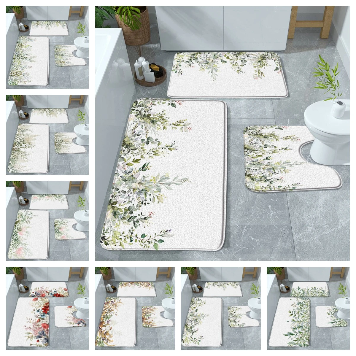 Spring Eucalyptus Leaves Bath Mat Watercolor Vine Plant Green Sage Leaf