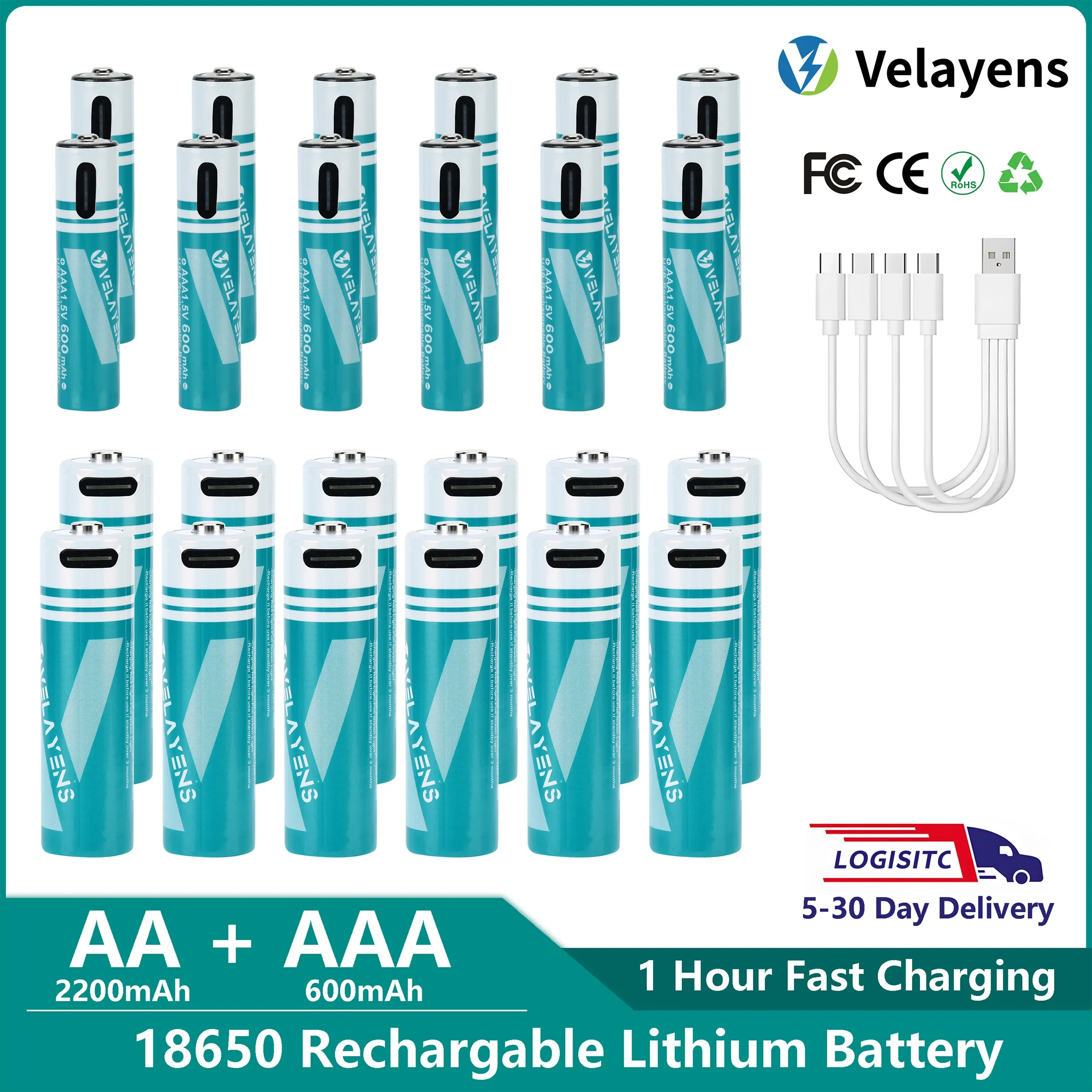 1.5V Constant Voltage USB C Rechargeable AA AAA Lithium Battery, 2200mAh AA 600mAh AAA Combo Pack, Fast Charging 1200 Cycle Life 1