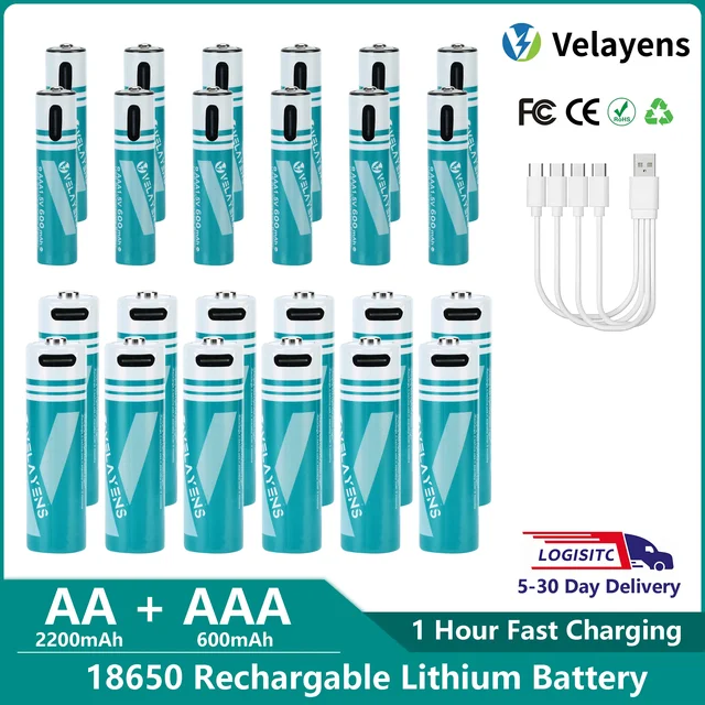 1.5V Constant Voltage USB C Rechargeable AA AAA Lithium Battery, 2200mAh AA 600mAh AAA Combo Pack, Fast Charging 1200 Cycle Life 1