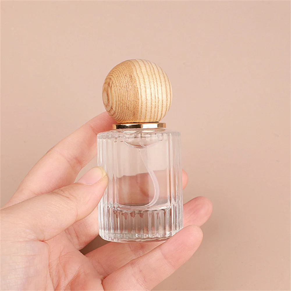 30/50ml Round Perfume Bottle Wood Ball Lid Luxury Empty Thick Glass Spray Atomizer Cosmetics Container Refillable Sample Vials 5
