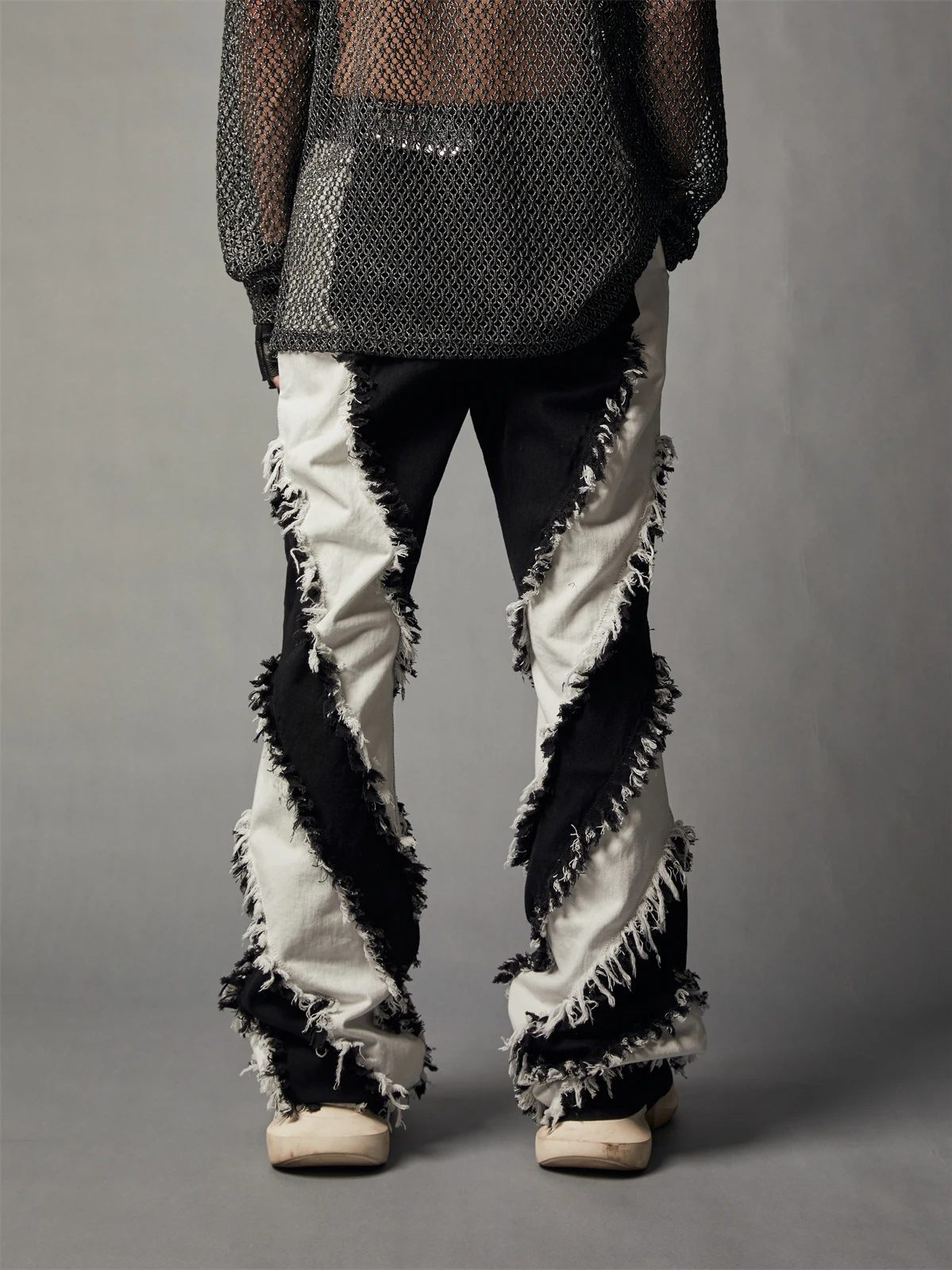 Avant-Garde Style Y2K Black and White Stitching Contrast Color Tassel Washed Jeans Men and Women's Casual Flared Pants Trousers