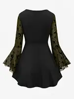 ROSEGAL Plus Size Women V-Neck Tops Moon Star Printed Mesh Panel Bell Sleeves Ruched Chain Tassel Patchwork T-shirt Multi Colors - Image 3