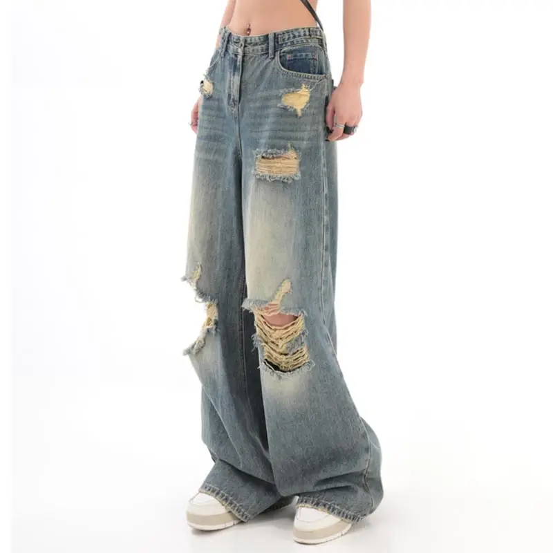 Pantalones vaqueros rasgados Retro para mujer, Jeans rectos de