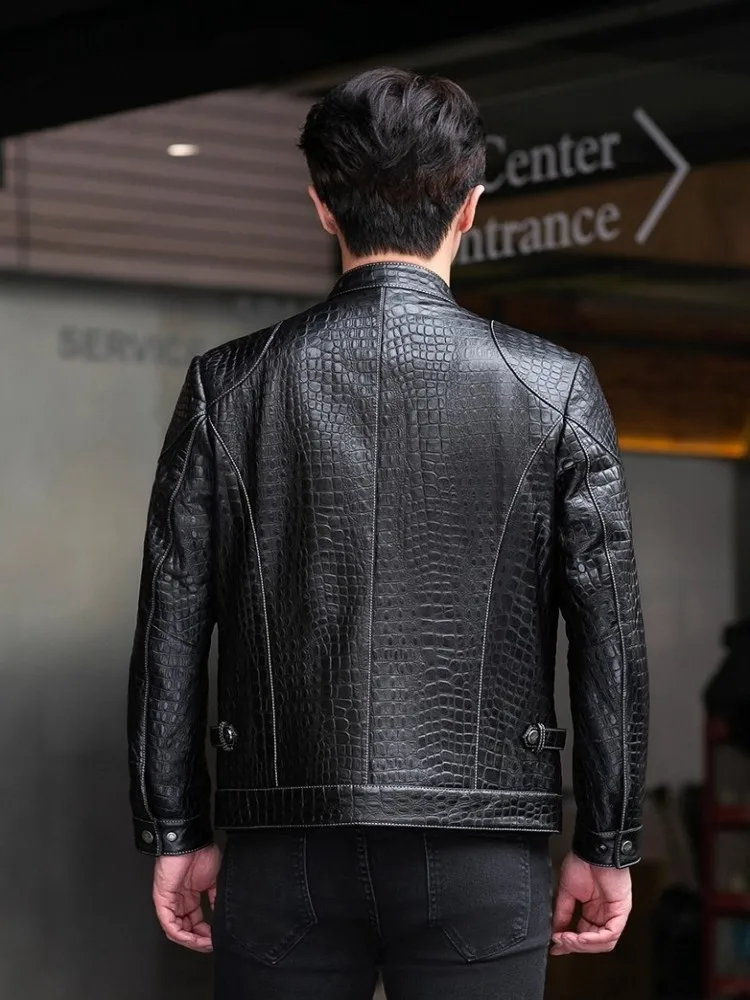 Males Luxury Natural Sheepskin Crocodile Pattern Jacket Stand