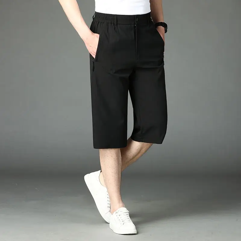 Male Clothes Fashion Casual Solid Color Quick Dry Capri Pants Summer Trend Simplicity Zipper High Waist Men's All-match Pants