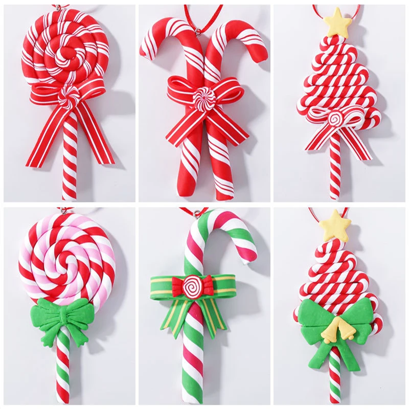 

New Christmas Tree Soft Clay Pendant Small Gifts Christmas cane Corrugated Candy Colored Pendant Christmas Ornaments 6 style