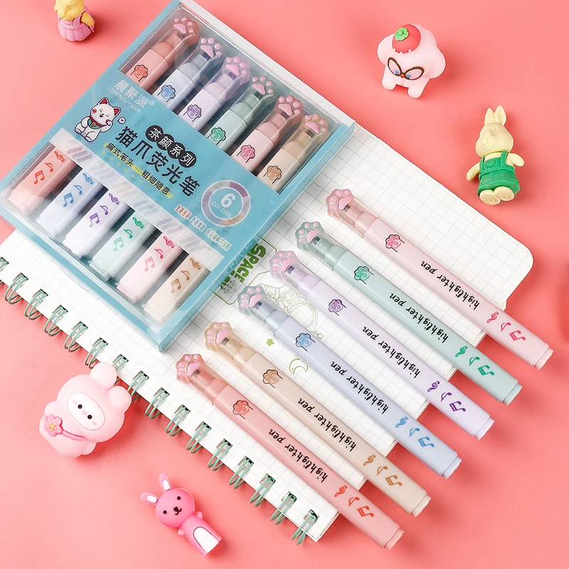 6 pcs/pack Kawaii Cat Claw Pastel Color Highlighter Marker Highlighter Pen Art Marker Marker Pen Drawing Gift Stationery