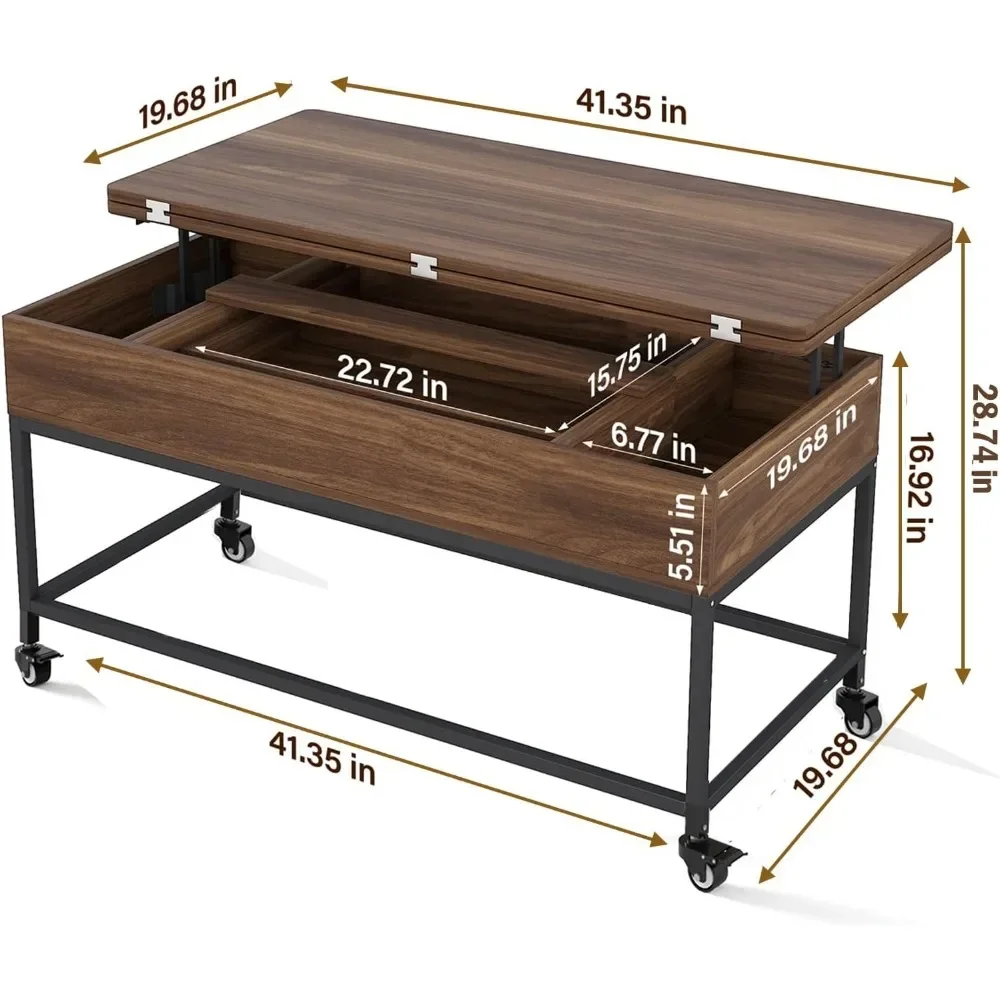 Lift Top Coffee Table, 3in1 Folding Rolling Coffee Table with Storage Drawer Push Opening, Metal Frame Wood Table
