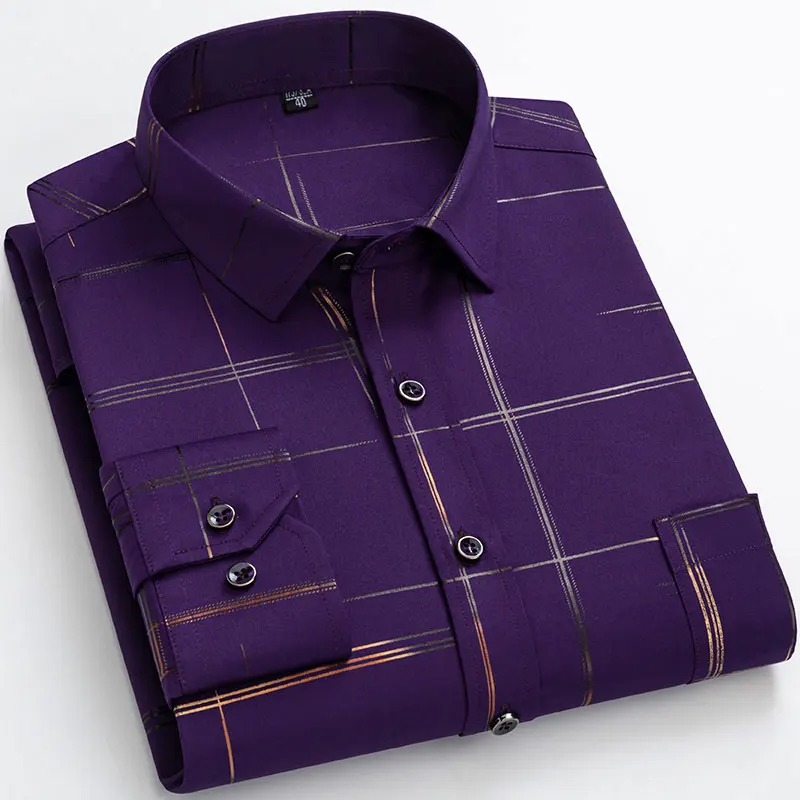 Plus Size 6XL Long Sleeve Men&lsquo;s Printed Plaid Stretchy Casual Shirts Large Regular Fit Elegant Social Work Business Dress Shirt