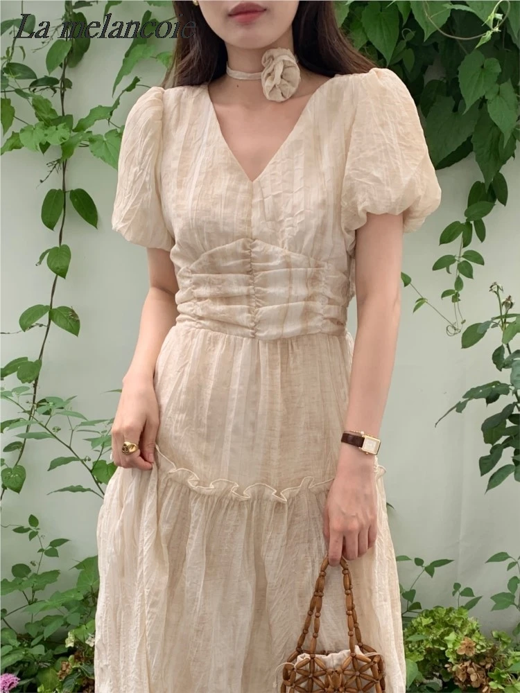 

Elegant Dress For Women Wooden Ear Edge Bubble Sleeve Dresse Summer 2024 New Fashion Korean Fold V-neck A- Line Sundress Chic