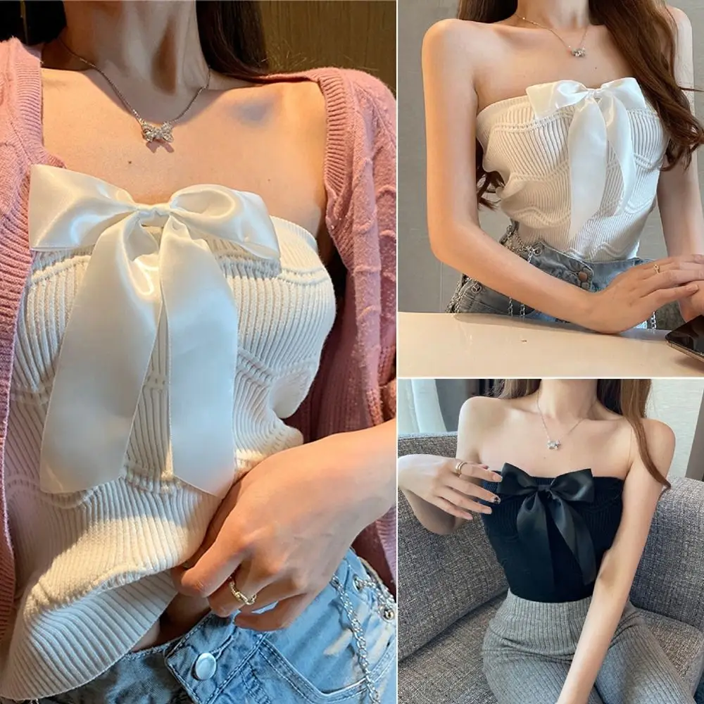 

Summer Bow Strapless Camisole New Polyester Breathable Sleeveless Tops Y2K Style Beach Party Knitted Sleeveless Slim Crop Top