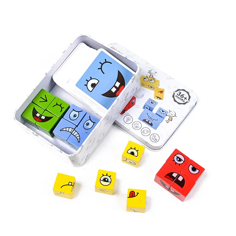 Kids Montessori Toys DIY Face Emoticon Change Cube Wooden Blocks with 64 pcs Cards Learning Education Toy 4