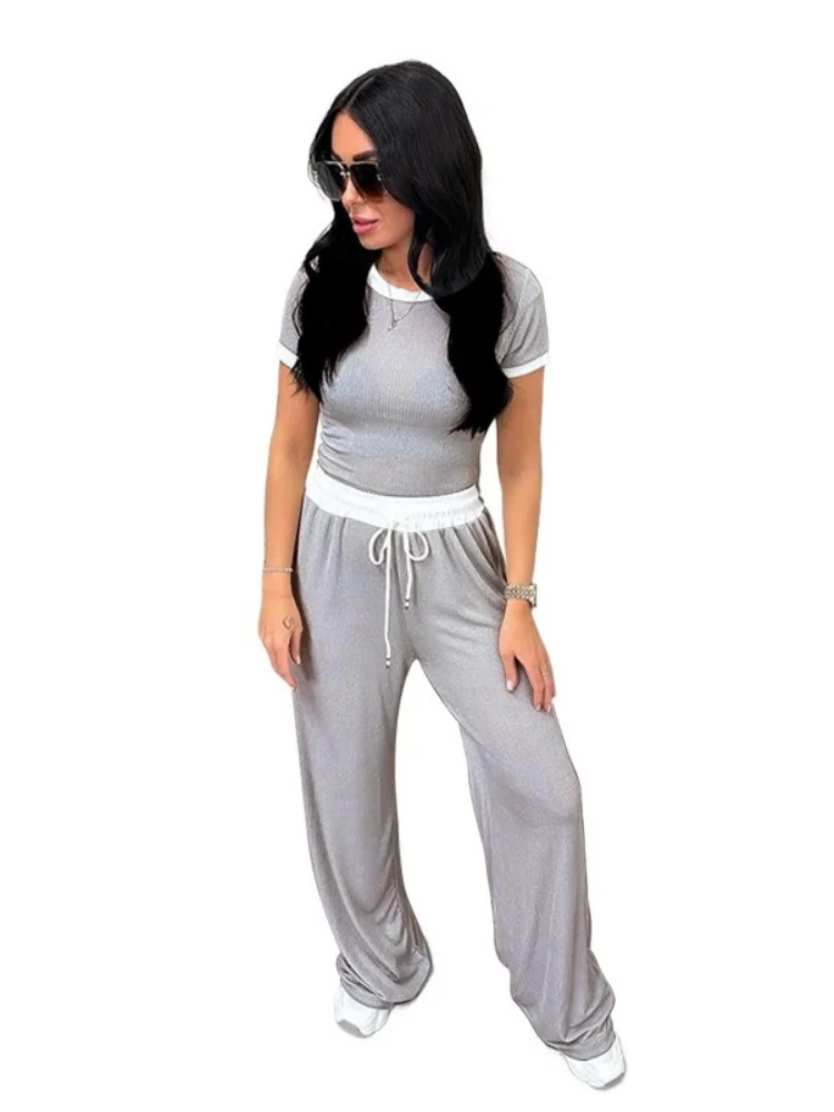 Wmstar Two Piece Set Women Wholesale Border Round Neck Color Blocking Short Sleeved Fashion Casual Wide Leg Pants Sportswear