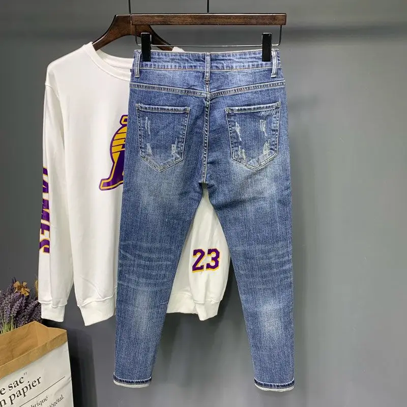 New Korean Trendy Men's Distressed Denim Casual Pencil Pants Spring and Autumn Blue Jeans Washed Luxury Cowboy Streetwear Pants