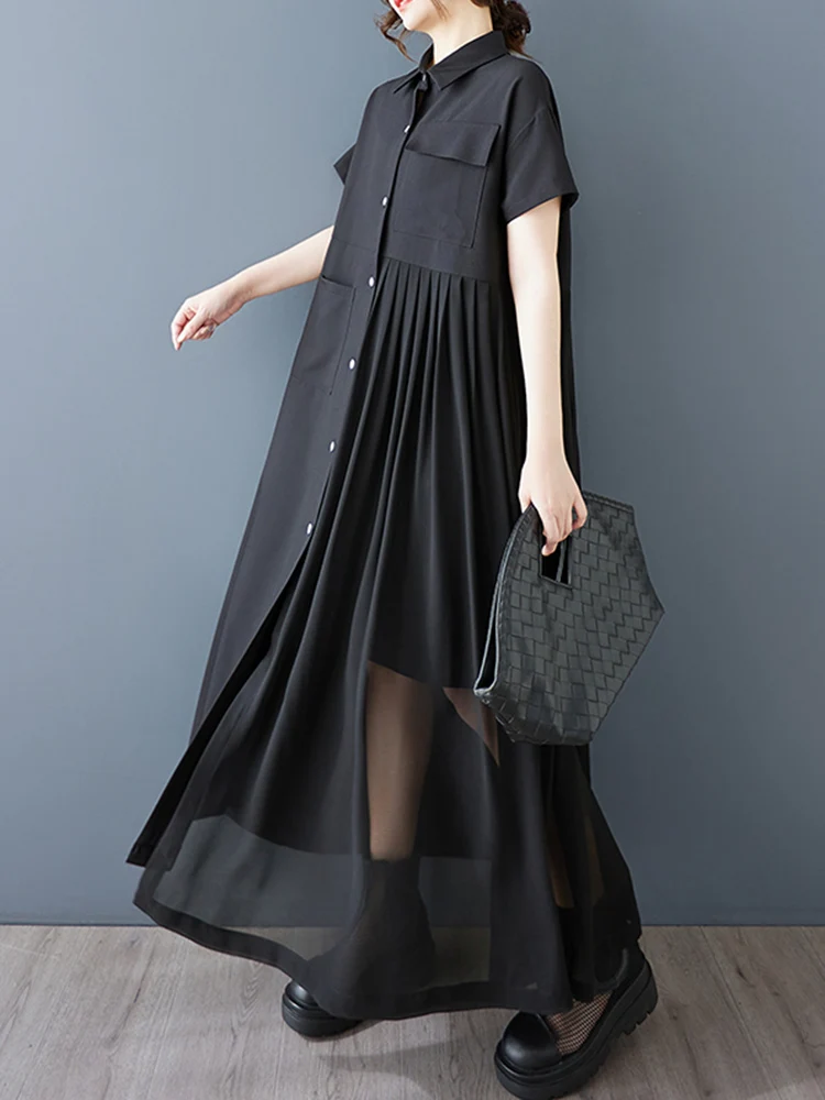 2025 Summer New Black Vintage Pleated Shirt Long Dresses For Women Short Sleeve Casual Loose Patchwork Dress Fashion Clothing
