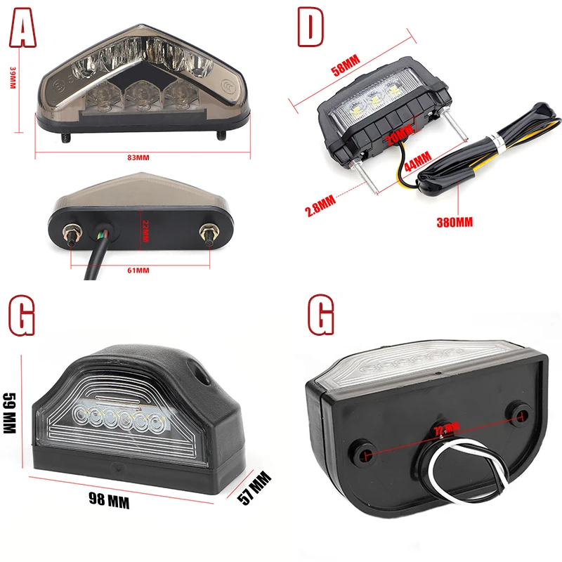 Moto LED Coda Luce con Targa Luci - Rosso Lente Nero Supporto